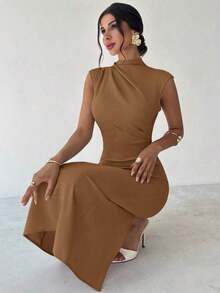 Vestido largo de verano elegante y minimalista para uso diario, viajes y ocasiones casuales, con cuello mao, mangas drapeadas y cintura ceñida, color albaricoque - Marrón Mocha - Ver 8