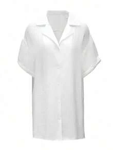 Camisa kimono de unicolor sexy de manga corta y de una sola hilera para mujer de talla grande - Blanco - Ver 6