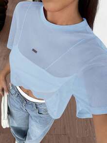 Top de malla negra de manga corta para mujer - Celeste - Ver 4