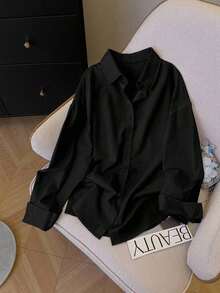 Camisa casual/de trabajo de manga larga, de un solo pecho y de unicolor para mujer de talla grande - Negro - Ver 5