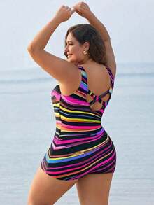 Traje de baño de una pieza con estampado sin mangas para mujer de talla grande, traje de baño casual para vacaciones - Rosa Fucsia - Ver 2