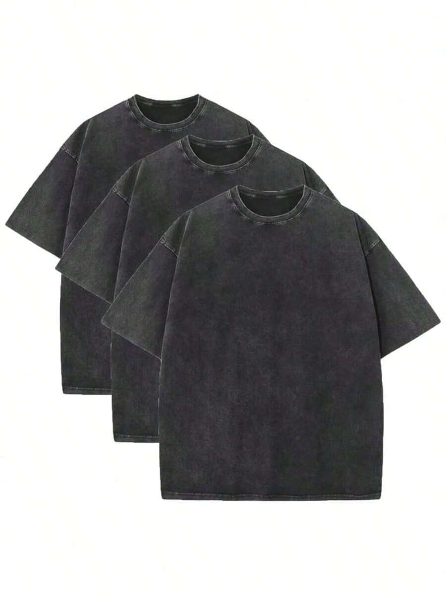 3 Pack Men's Vintage Washed Oversized Cotton T Shirts Loose Fit Short Sleeve Casual Streetwear Unisex Tops High Quality Comfortable Value For Money - 3件套黑色 - 查看 1
