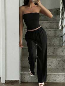 Conjunto de 2 piezas de ropa de otoño Vaiaye: Top corto ajustado y sexy sin tirantes, camiseta básica de unicolor elástica y ajustada, top tipo bandeau para yoga; Conjunto de pantalones para primavera/verano - Negro - Ver 2