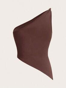 Top elegante de un hombro con un giro en color rojo burdeos delgado para mujer - Color caoba - Ver 8