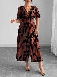 Vestido de mujer de elegancia francesa, versátil, con escote en V, cintura ceñida, línea A, decoración con botones, volante en el bajo, manga farol hasta la mitad, adecuado para ir al trabajo, negocios, casual, vacaciones, té de la tarde, festival - Óxido marrón - Ver 6