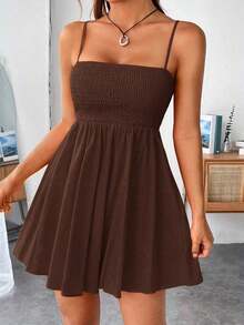 Vestido De Tirantes Con Pliegues Sólidos Para Mujeres - Marrón - Ver 6