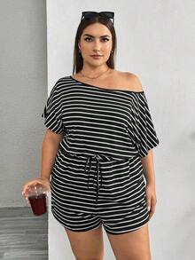 Rompers para mujeres de talla grande, mono informal de rayas, vestidos de verano para mujer, traje de una pieza, mono corto, para dama - Blanco y Negro 2 - Ver 3