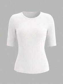 Selamara 3 piezas Camisetas casuales de mujer de unicolor, cuello redondo, manga corta y ajustadas con costillas - Blanco 2 - Ver 3
