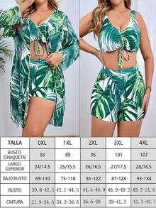 Conjunto de traje de baño estampado tropical de talla grande top de tirantes con cordón y kimono de verano para mujer moda 3 piezas - Turquesa - Ver 7