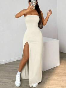 Vestido sin tirantes con abertura alta de unicolor para mujeres - Beis - Ver 1