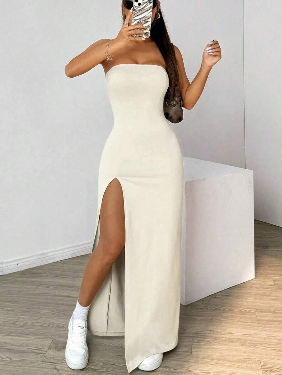 Vestido sin tirantes con abertura alta de unicolor para mujeres - Beis - Ver 1