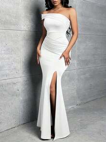 Vestido de un hombro de muslo con abertura - Blanco - Ver 8