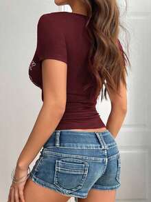 Camiseta de manga corta ajustada con estampado de letras estilo Y2K para mujer, casual para primavera/verano - Rojo - Ver 5