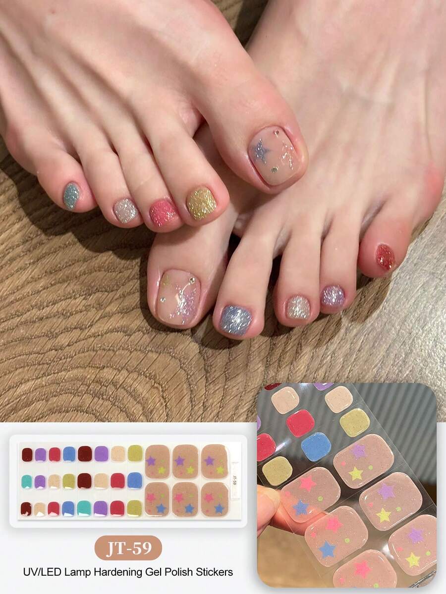New Semi-Cured Gel Toe Nail Stickers, Shiny Glitter Design, In Stock Wholesale, Waterproof & Long-Lasting For Summer - 彩色 - 查看 1
