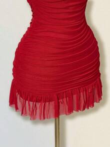 Vestido de mujer de corte ajustado sin mangas de unicolor con fruncido de tul - Rojo - Ver 6