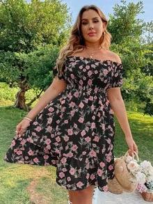 Vestido con estampado floral, hombros descubiertos, volantes fruncidos y bajo con volante para vacaciones y playa para mujer talla grande - Negro - Ver 7