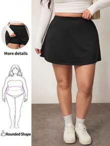 Falda corta casual de línea A de unicolor negro básico para mujer de talla grande, amigable con las curvas del Body redondeado, para el invierno, para la figura de Body redondeado tipo manzana - Negro 3 - Ver 1
