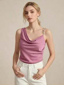Camiseta asimétrica con diseño fruncido y decoración metálica, elegante y chic para el día a día, estilo urbano, romántico retro de los 90.Adecuado para Navidad, Año Nuevo, San Valentín, fiestas, playa, graduación, moda, carnav - Lila Púrpura 2 - Ver 9