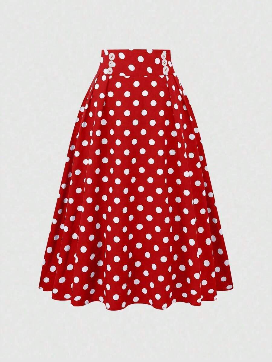 Falda casual de lunares para mujer, sencilla y de moda para uso diario - Rojo - Ver 1