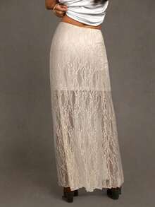 2026 Women Sexy Black Wildflower Lace Patchwork Lightweight And Breathable Long Summer Skirt Winter Casual Spring - Beis - Ver 2