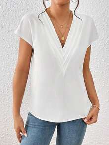 Blusa de mangas de murciélago sólidas, cuello en V, blusas de manga corta - Blanco - Ver 5