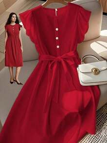 Vestido de mujer de longitud media, cómodo y suave, sin estiramiento, con cuello redondo, mangas de vuelo, cintura elástica, decoración de botones de perla, estilo francés elegante y versátil para vacaciones y viajes, color albaricoque, primavera - Rojo - Ver 7
