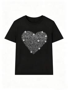 Short-Sleeved T-Shirt, Single Garment, Not A 3-Piece Set. 1 Piece/Set Of Short-Sleeved T-Shirts Suitable For Streetwear. Oversized Round Neck Top For Daily Outings, Camping, Concerts, Hip-Hop, Rock, And Rap Events. Features A Round Neck And Heart Print, Minimalist And Casual Style, For Women. New Arrival For Mother's Day In Summer. - 黑色 - 查看 2