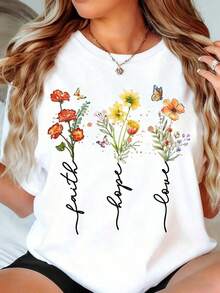 Women's Short-Sleeved T-Shirt With Round Neck, Floral Butterfly Print With The Phrase "Faith, Hope, Love", Casual Summer Top For Everyday Wear And Outings. - 白色 - 查看 1