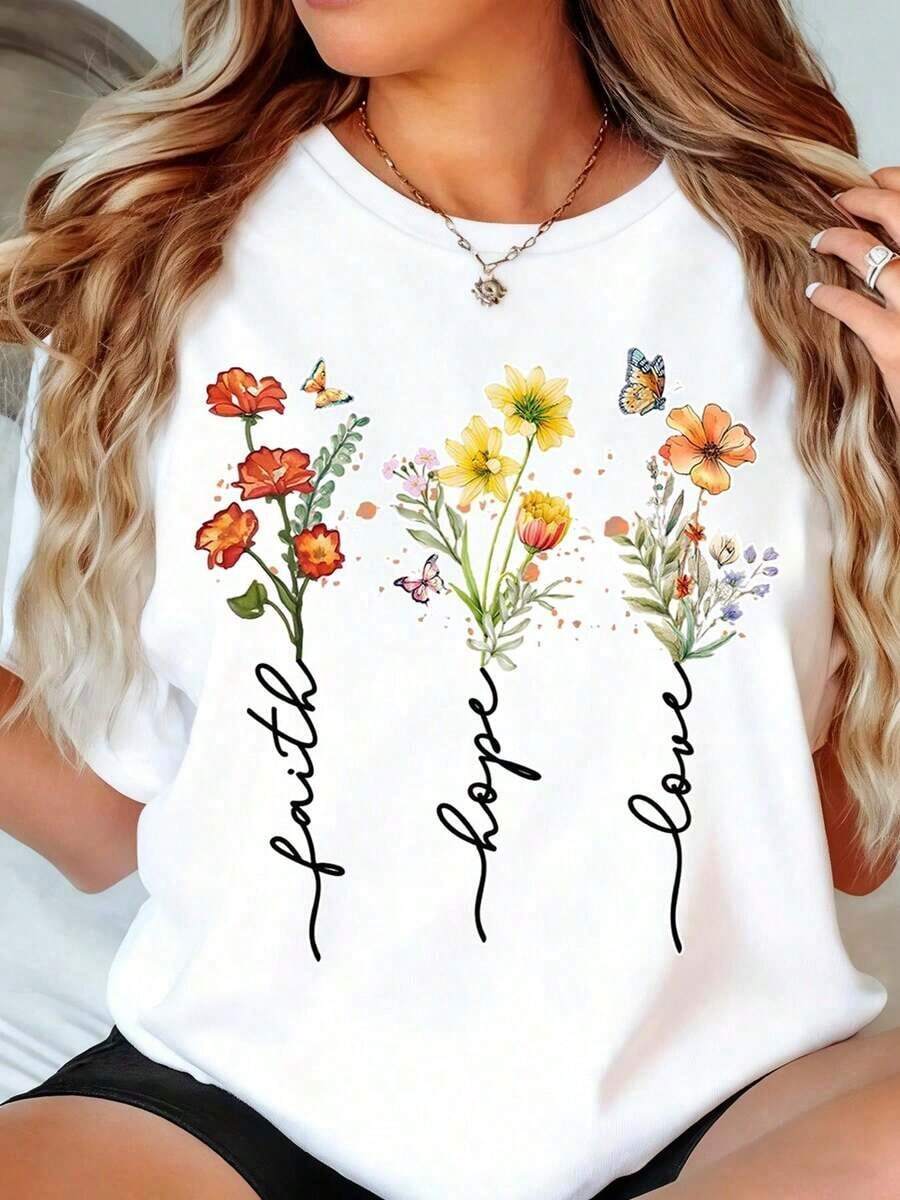 Women's Short-Sleeved T-Shirt With Round Neck, Floral Butterfly Print With The Phrase "Faith, Hope, Love", Casual Summer Top For Everyday Wear And Outings. - 白色 - 查看 1