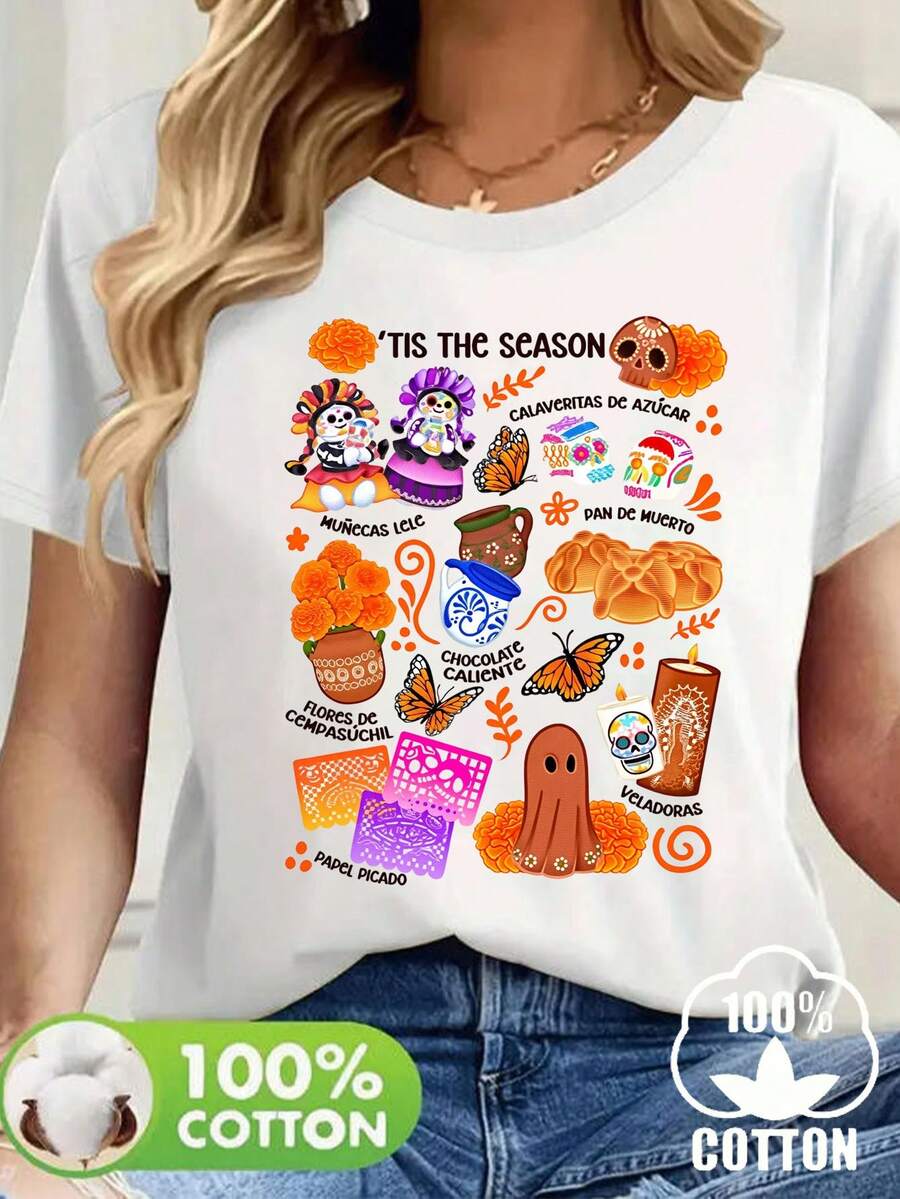 This Women's Casual T-Shirt, Made Of 100% Cotton, Features A Cartoon Skull Graphic. This Exclusive Day Of The Dead Print Is Available In Three Colors. This Crew Neck, Short-Sleeve Tee Is Comfortable And Versatile, Perfect For Any Festive Season, And Ideal For Spring And Summer. - 白色 - 查看 1