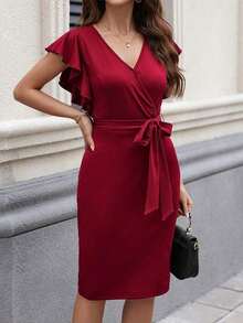 Vestido midi con estampado floral y cuello en V con mangas cortas, elegante para vacaciones - Rosa Roja - Ver 4
