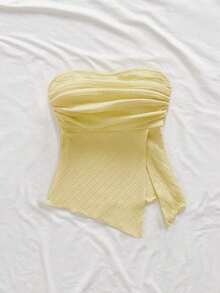 Top de tubo plisada de estilo elegante, romántico y elegante para uso diario, de color amarillo, adecuada para fiestas, vacaciones en la playa, vuelta al colegio, citas románticas, temporada de bodas, cumpleaños, Pascua, primavera/verano - Amarillo - Ver 4