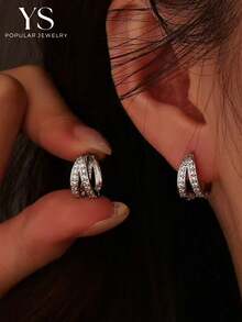 1 Pair Exquisite Earrings - Perfect Fusion Of Fashion And Elegance, Double-Layer Design, Double Row Rhinestone Earrings, Suitable For Young Ladies And Students, Copper Micro-Inlaid Jewelry - Silver Double-row Diamond Earrings - View 5