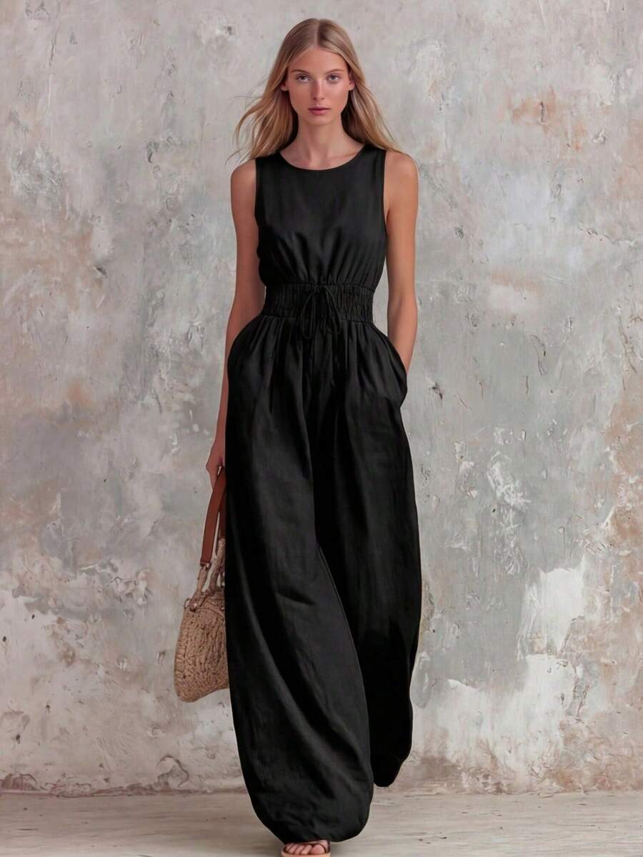 Women's Retro Casual Jumpsuit In Green With Ruffle, V-Neck And Sleeveless, Made Of Cotton And Linen - 黑色 - 查看 1