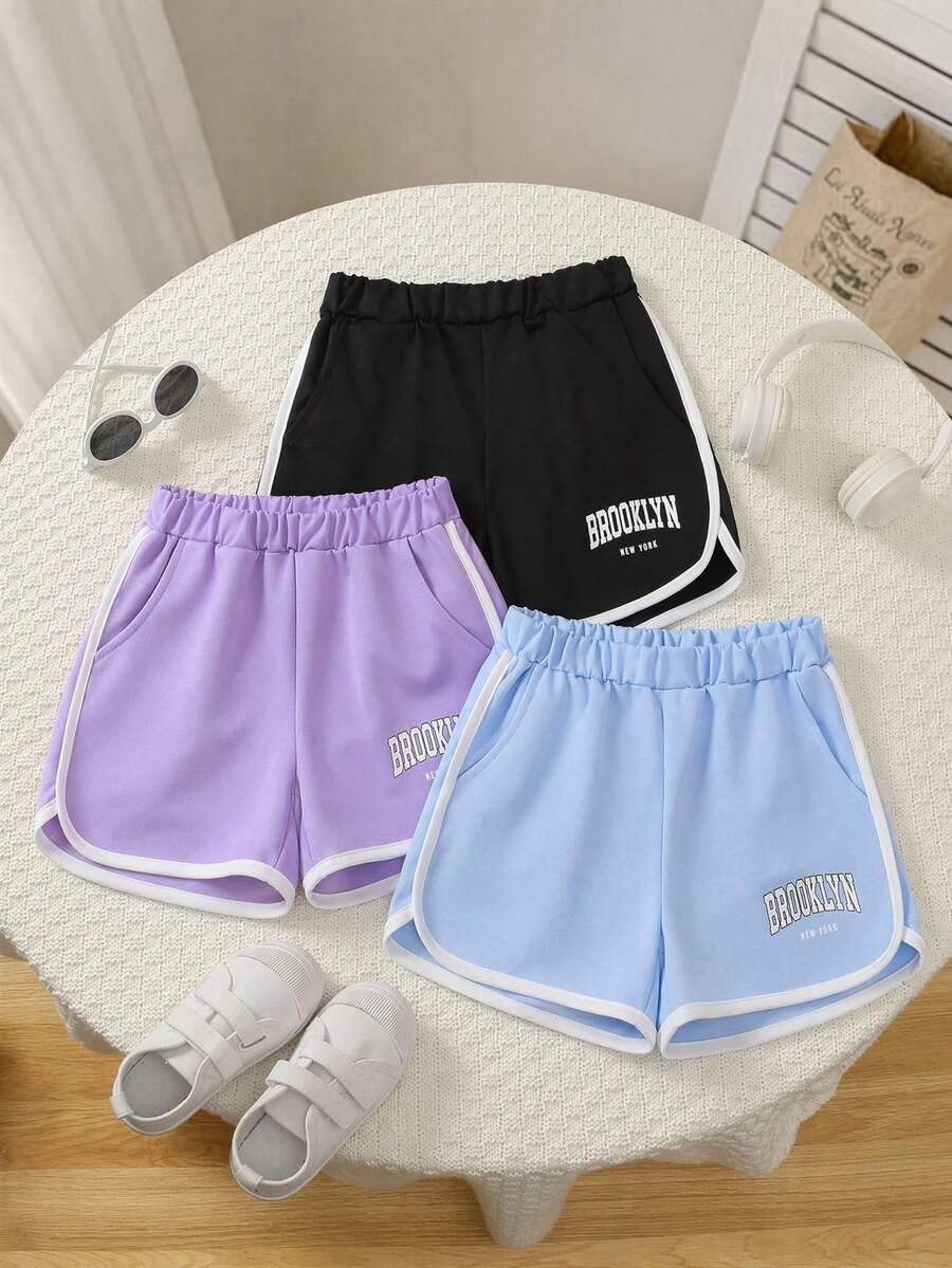 3pcs/Set Tween Girl Summer: Macaroon Color Shorts, For Outdoor, Spring/Summer, Elastic, Regular Fit, Polyester Blend, Outdoor Gift - Multicolor - View 1