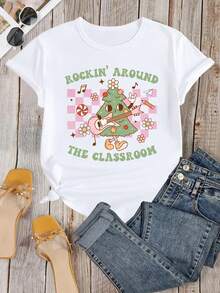 1 camiseta de profesor con estampado navideño, una camiseta para profesores, camiseta de profesor de rock and roll para el aula, 180g 100% algodón. - Negro - Ver 7
