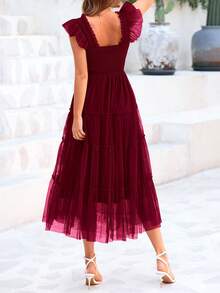 Women's Summer Mid-Length Dress Casual Sleeveless Pleats Ruffled Tulle Flowing New Year Party Wedding Guest Graduation Sundress - Màu Đỏ Sâu - Xem 2