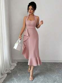 Vestido elegante y romántico para mujer con escote halter sin mangas, volantes en la cintura y bajo - Rosa vieja - Ver 3