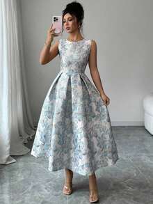 Vestido sin mangas plisado de jacquard elegante para mujer, de verano - Azul - Ver 1