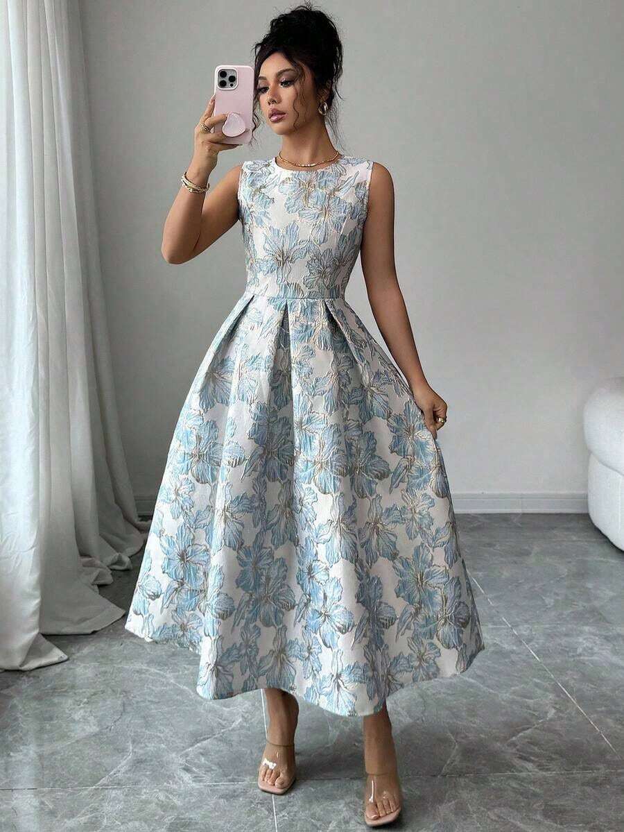 Vestido sin mangas plisado de jacquard elegante para mujer, de verano - Azul - Ver 1