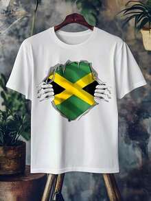 Jamaican Flag T-Shirt, 100% Cotton, Ripped Design, Jamaican National Flag T-Shirt For Men And Women, Pride Of Jamaica, Casual Short Sleeve T-Shirt, Jamaican Culture Graphic Tee - 白色 - 查看 12