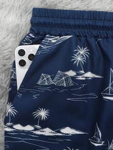 Mercer Haus Men's Swim Trunks, Loose Fit With Drawstring Waist, Rose Flower And "Love Rose For You" Text Design, Side Pockets Beach Shorts - Blue - View 9