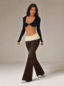 Pantalones acampanados con cintura plegable de color contrastante para mujer - Multicolor - Ver 5
