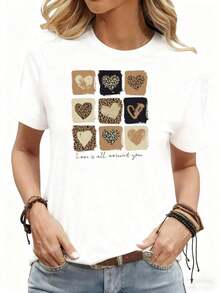 Love All Around You Camiseta con Estampado de Corazón de Leopardo para Mujer, Top Casual de Manga Corta, Camiseta de Moda, Negra - Blanco - Ver 1