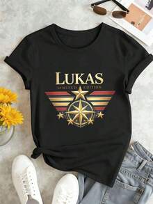 Loose Fit. Women's Black T-Shirt With Star Graphic Print, Premium Fabric, Urban Hip-Hop Style, Comfortable, Durable, Graphic Design. Basic Crew Neck Cotton T-Shirt For Women - 黑色 - 查看 3