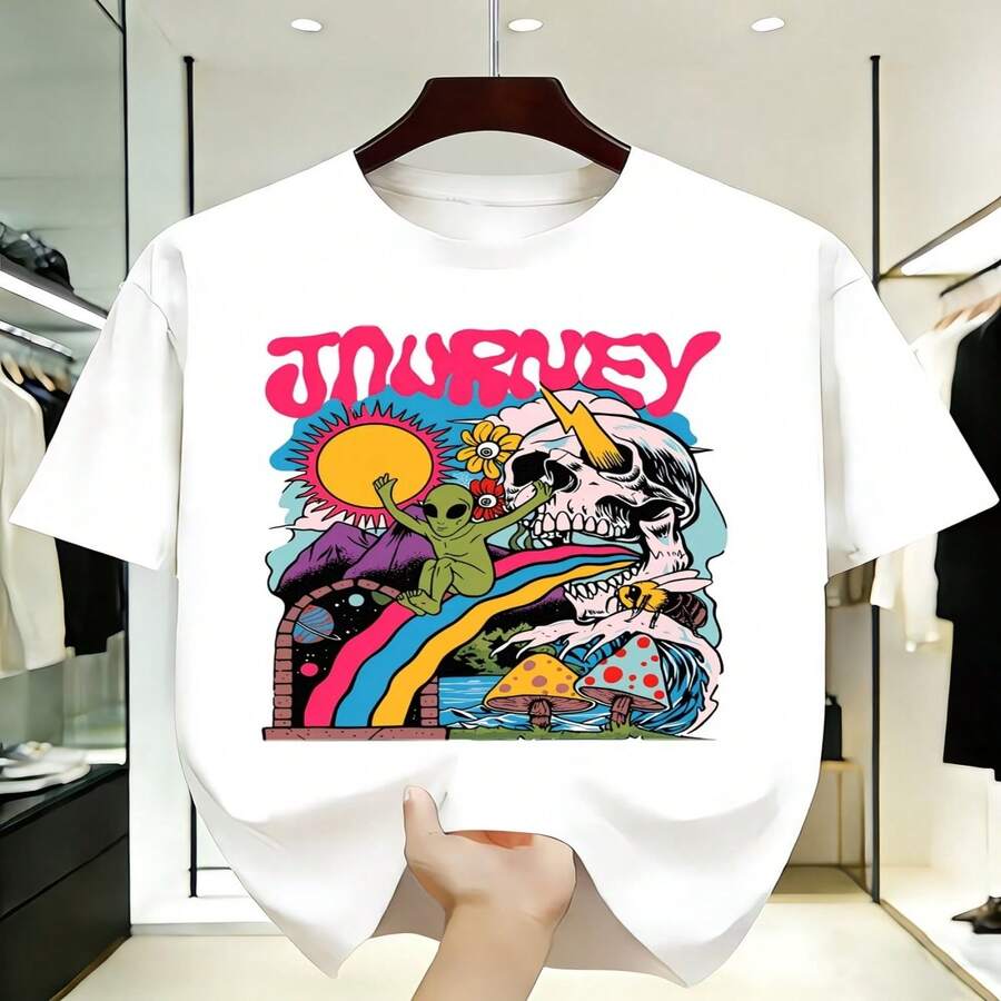 Camiseta casual de algodón de manga corta y cuello redondo para mujer con estampado gráfico único de calavera y alienígena. - Blanco - Ver 1