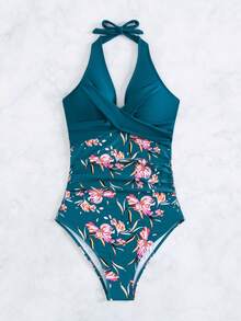 Nuevo traje de baño para mujer, bikini de una pieza a la moda, traje de baño sexy de una pieza para la playa. - Hojas de fondo negro + negro - Ver 7