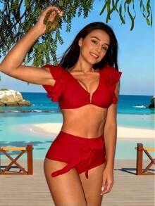 Nuevo bikini de cintura alta con volantes, estilo vintage, adelgazante y que disimula el abdomen, traje de baño push-up con escote en V profundo para mujeres en vacaciones. - Amarillo - Ver 10