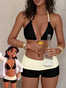 Conjunto de bikini de dos piezas de color sólido con cuello halter y shorts anti-exposición para vacaciones. - Negro - Ver 8