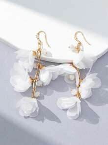 1 Pair Women's Elegant Fabric Flower Long Earrings, Suitable For Daily Wear (Bead Color Random) - White - E1339 - View 4